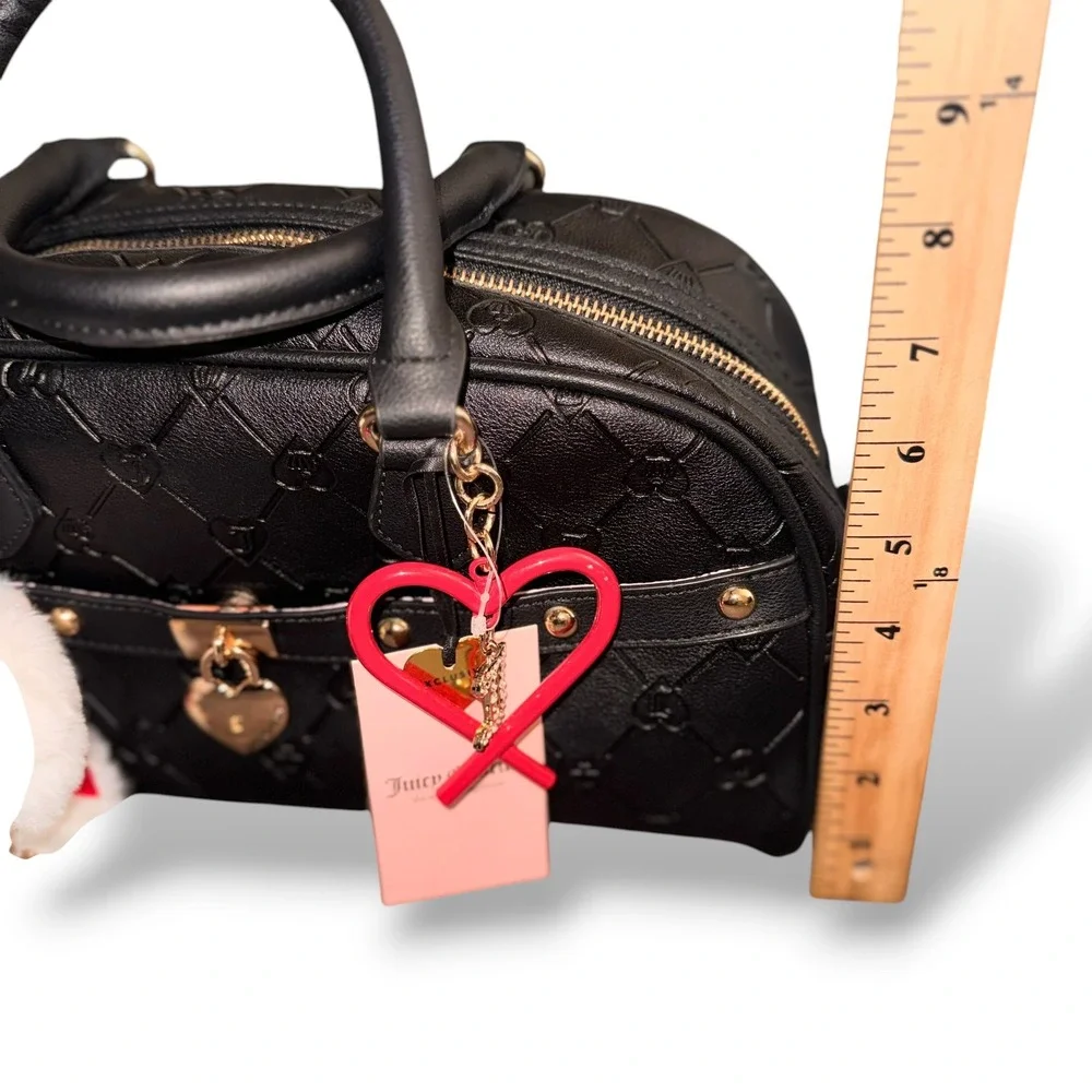 Juicy Couture Dome Satchel Women Medium Liquorice Black Embossed Heart Charms